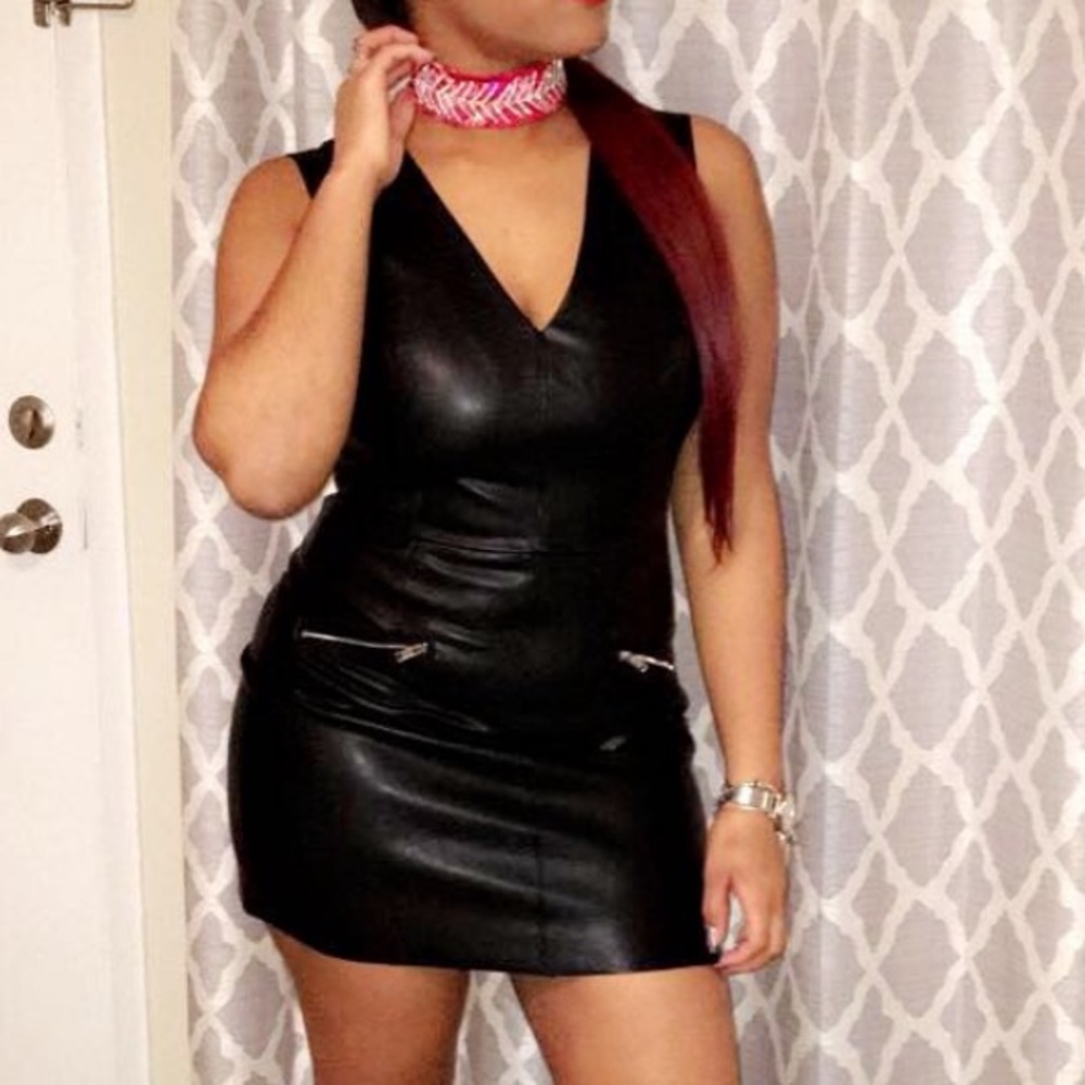 Zara black leather mini dress with zipper details